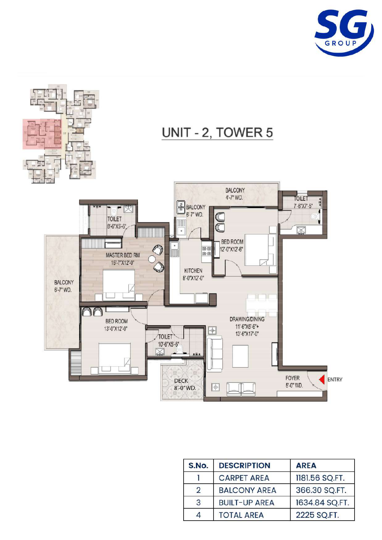 SG Nakshatra 3 BHK Floor Plan 2225 Sq Ft Tower 5 Unit 2 & 3